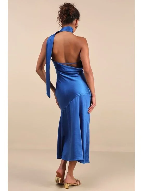 Lulus Womens Reglan Sash Midi Dress Sz Medium Blue Satin One Shoulder Low Back - Picture 7 of 8